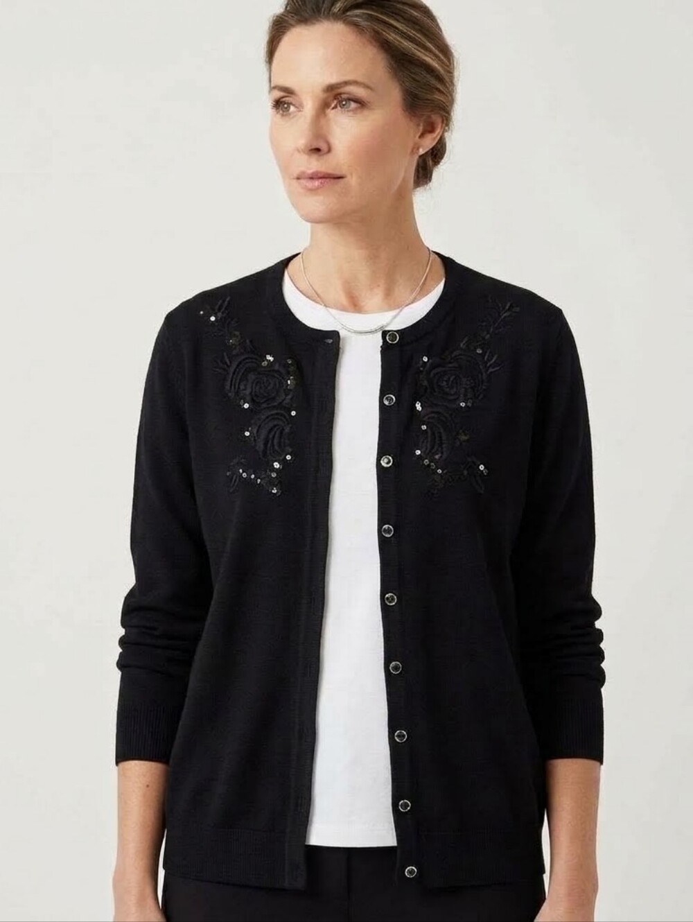 Melrose Chic New York Sequin Floral Embroidered Cardigan Sweater Black Large L